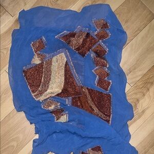 Vintage Chiffon Parisian purchased Blue Scarf with Brown and Cream Patchwork